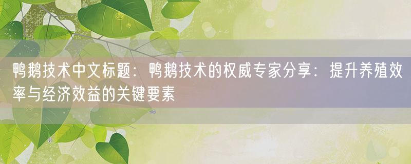 鸭鹅技术中文标题：鸭鹅技术的权威专家分享：提升养殖效率与经济效益的关键要素